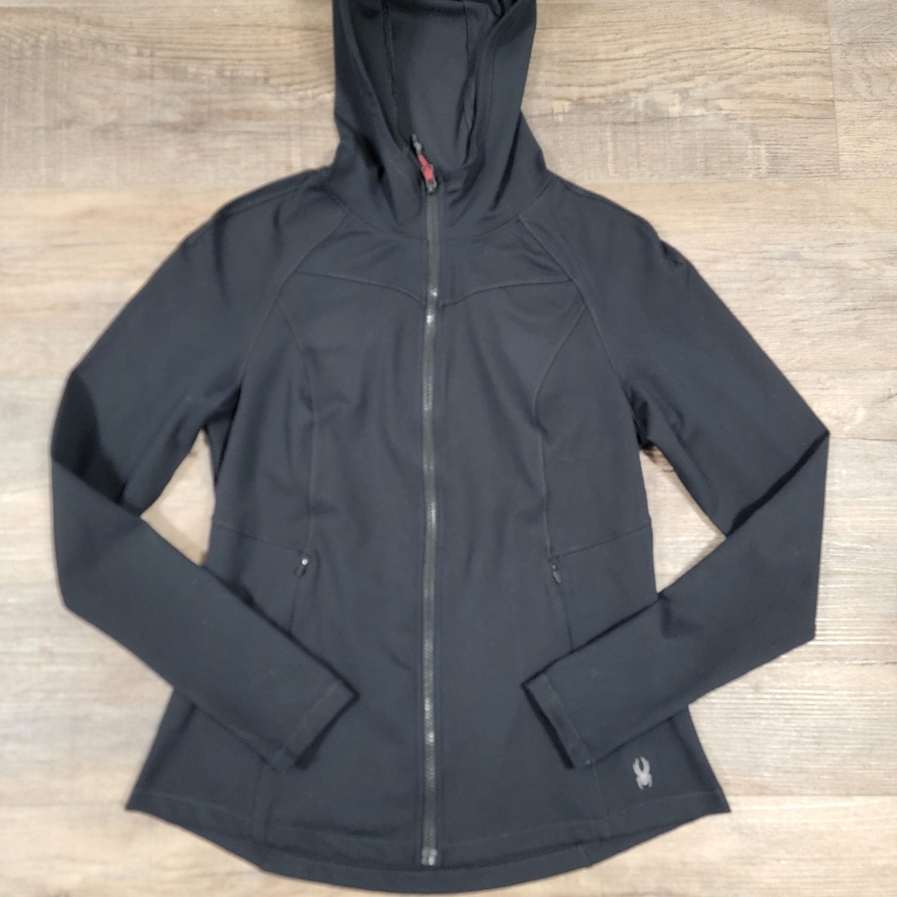 Spyder Active Jacket Womens Medium Black Full Zip Hooded Logo Athleisure Gym - Picture 6 of 12